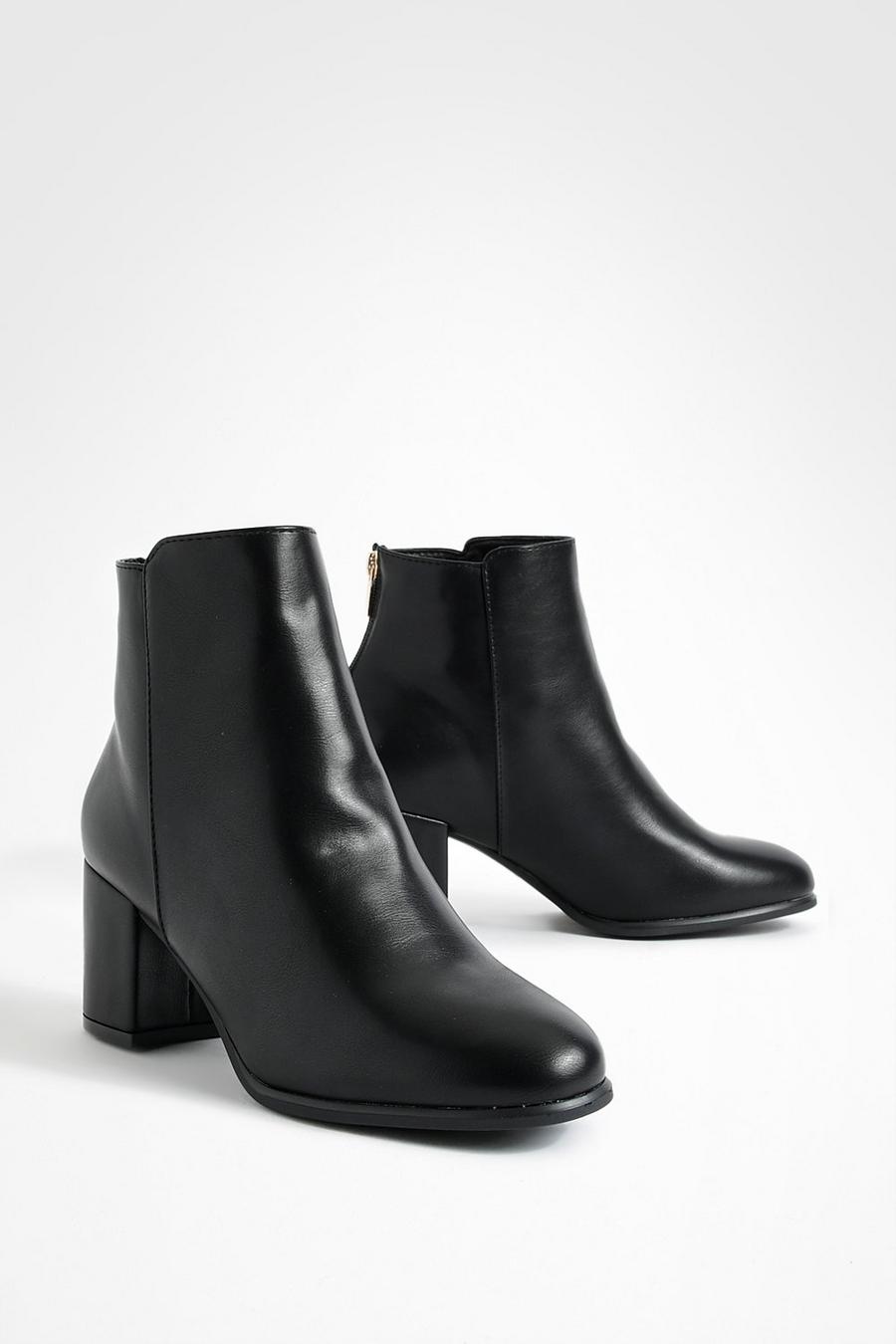 Black Wide Fit Pu Low Block Heel Ankle Boots     
