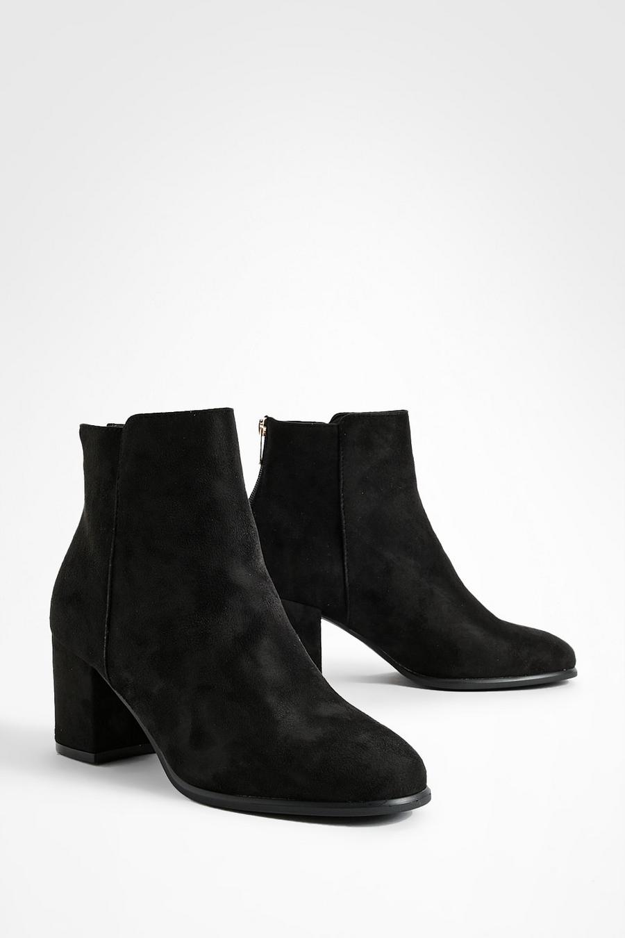Black Wide Fit Low Block Heel Ankle Boots    