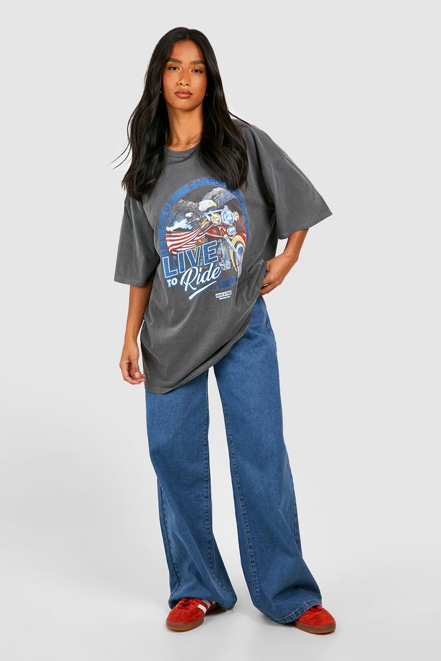 Petite - T-shirt oversize délavé à imprimé moto, Charcoal image number 1