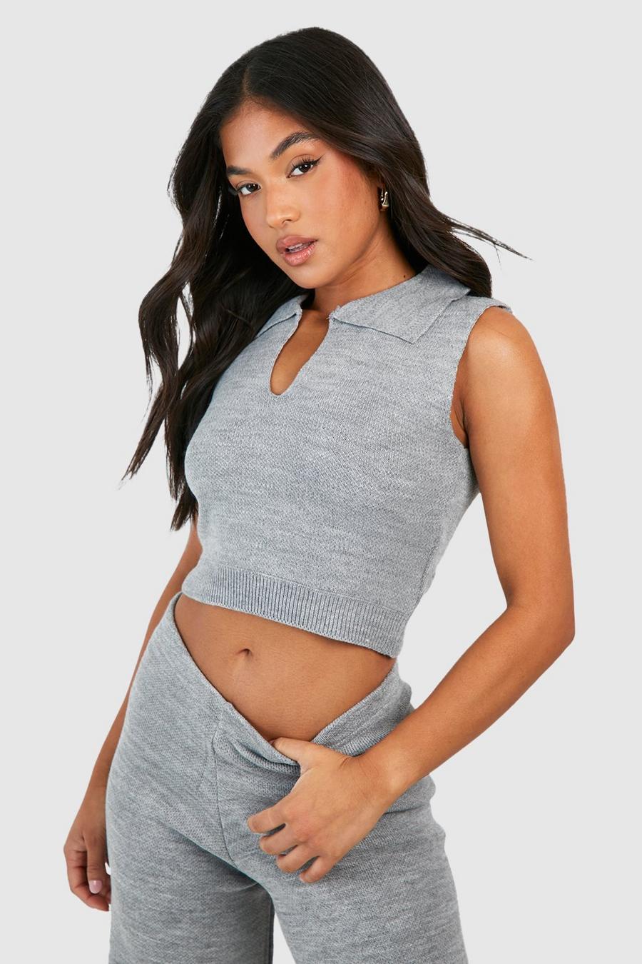 Grey Petite Knitted Cropped Top image number 1