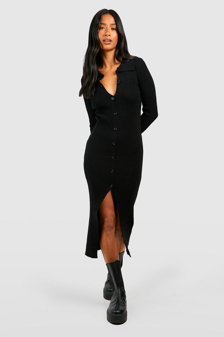 Black Petite Button Down Knitted Midi Dress image number 1