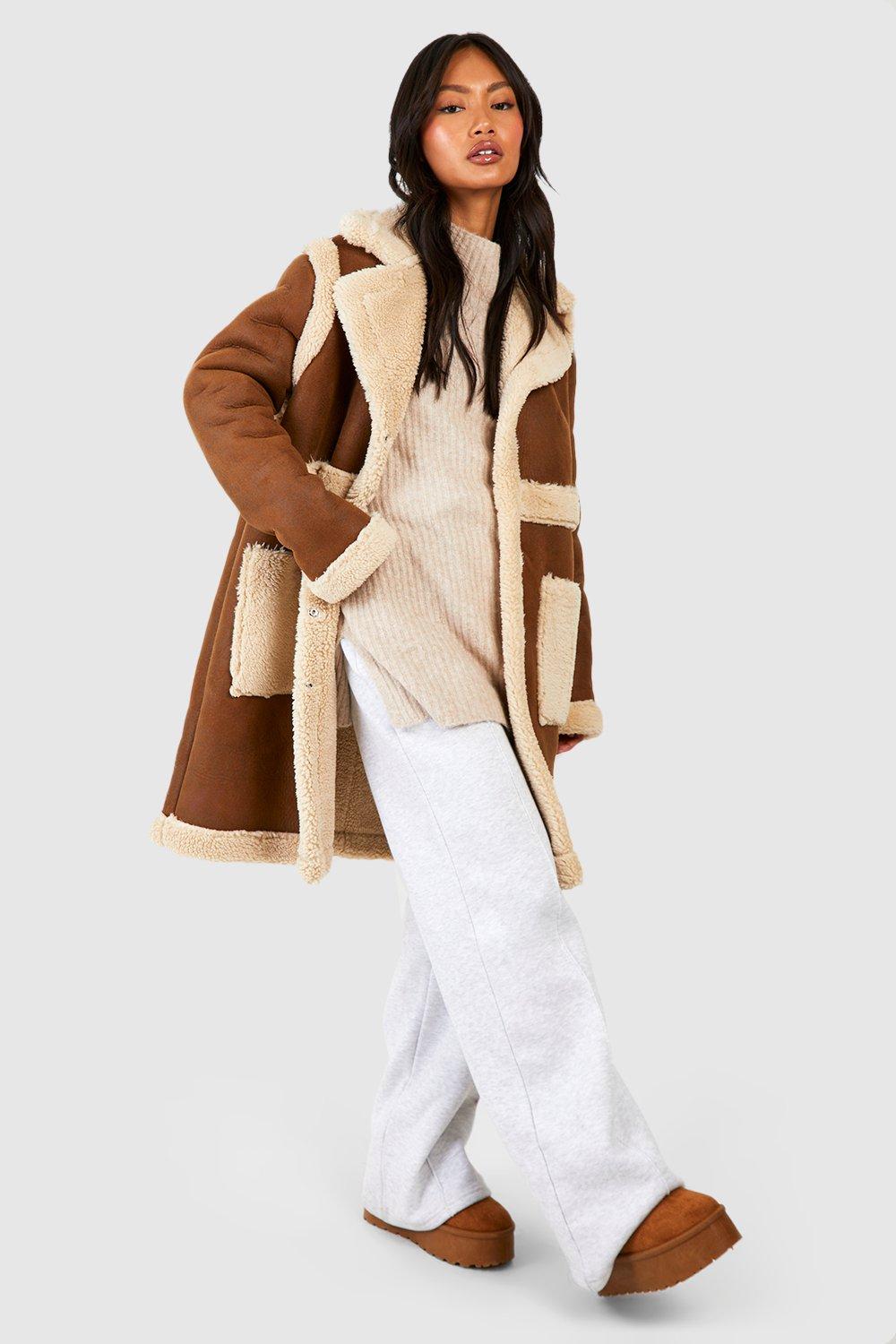 boohoo Faux Fur Trim Suede Look Coat - Brown - Size 12