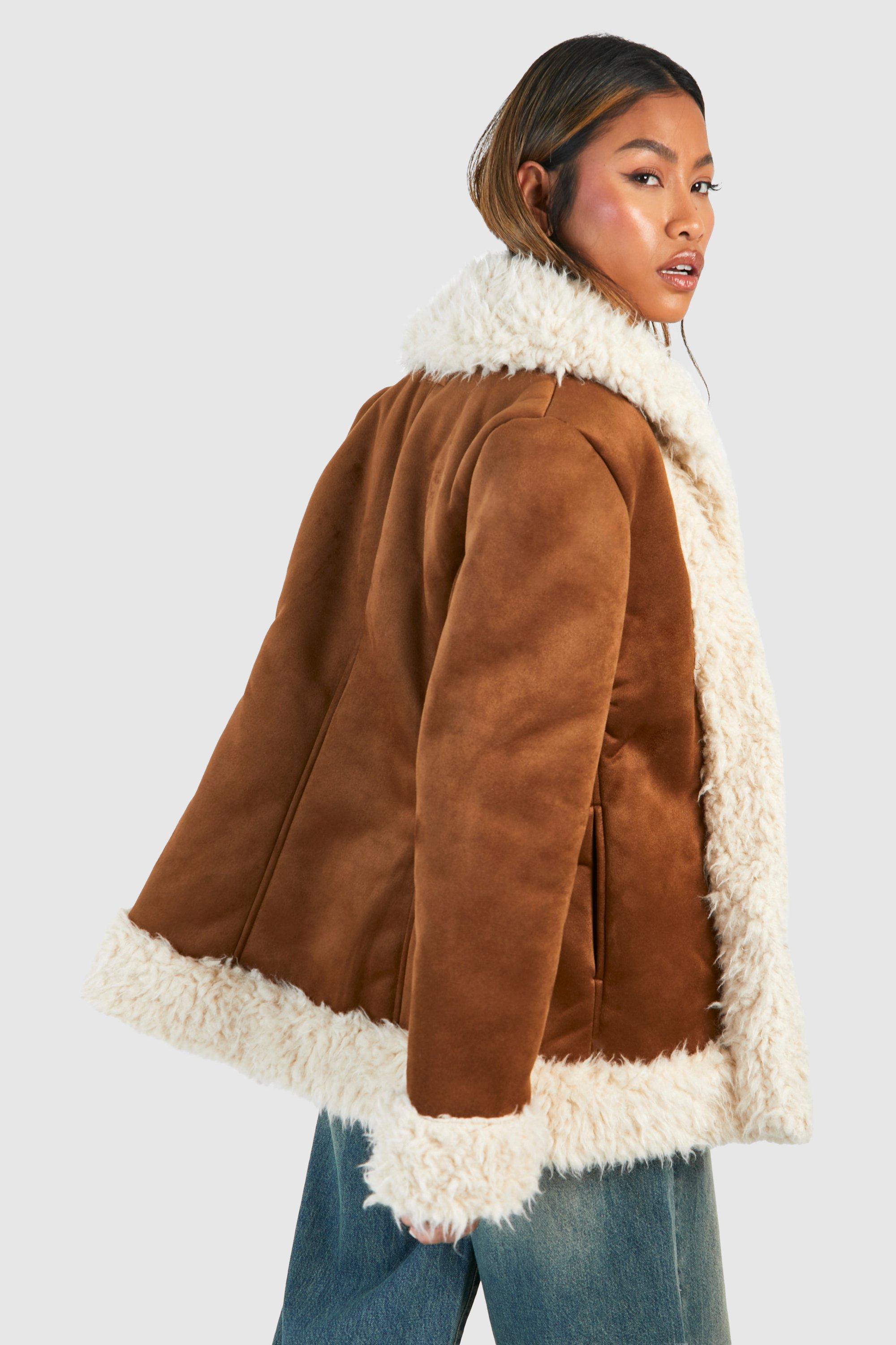 Faux Fur Trim Suede Look Coat