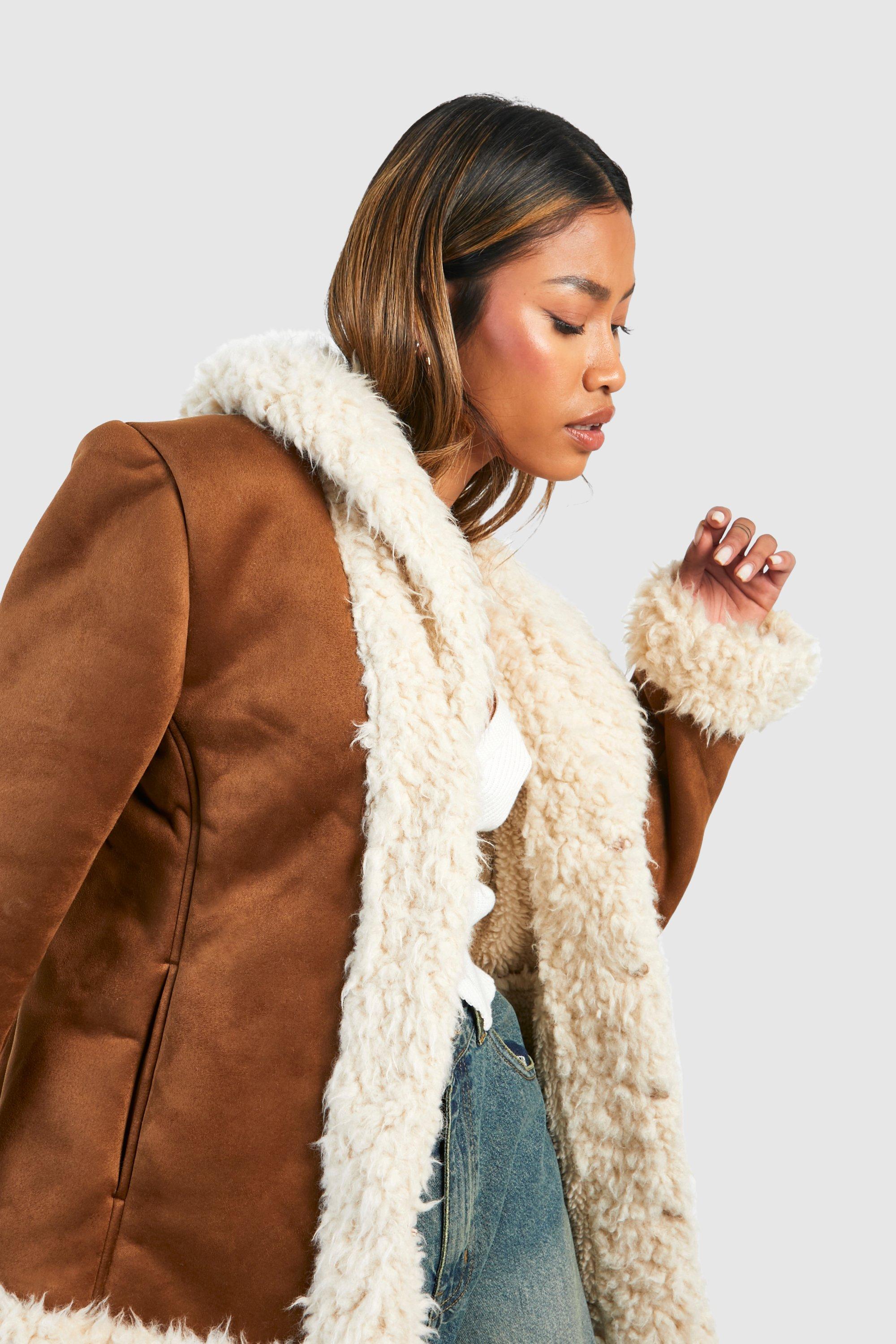 boohoo Faux Fur Trim Suede Look Coat - Brown - Size 12