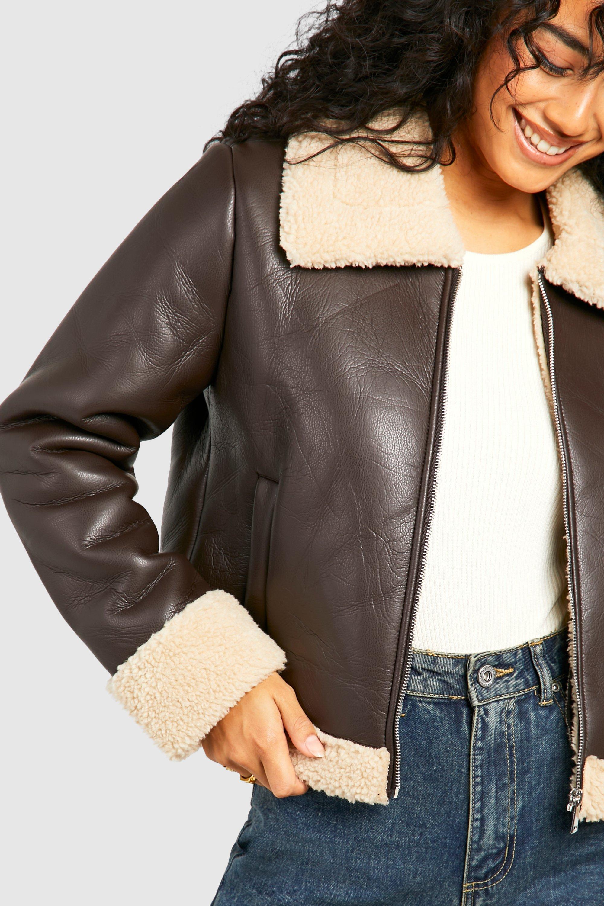 Teddy Trim Faux Leather Aviator Jacket