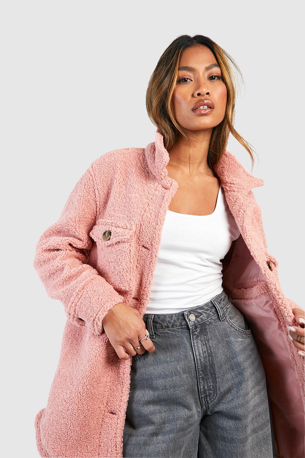 Boohoo pink teddy coat sale