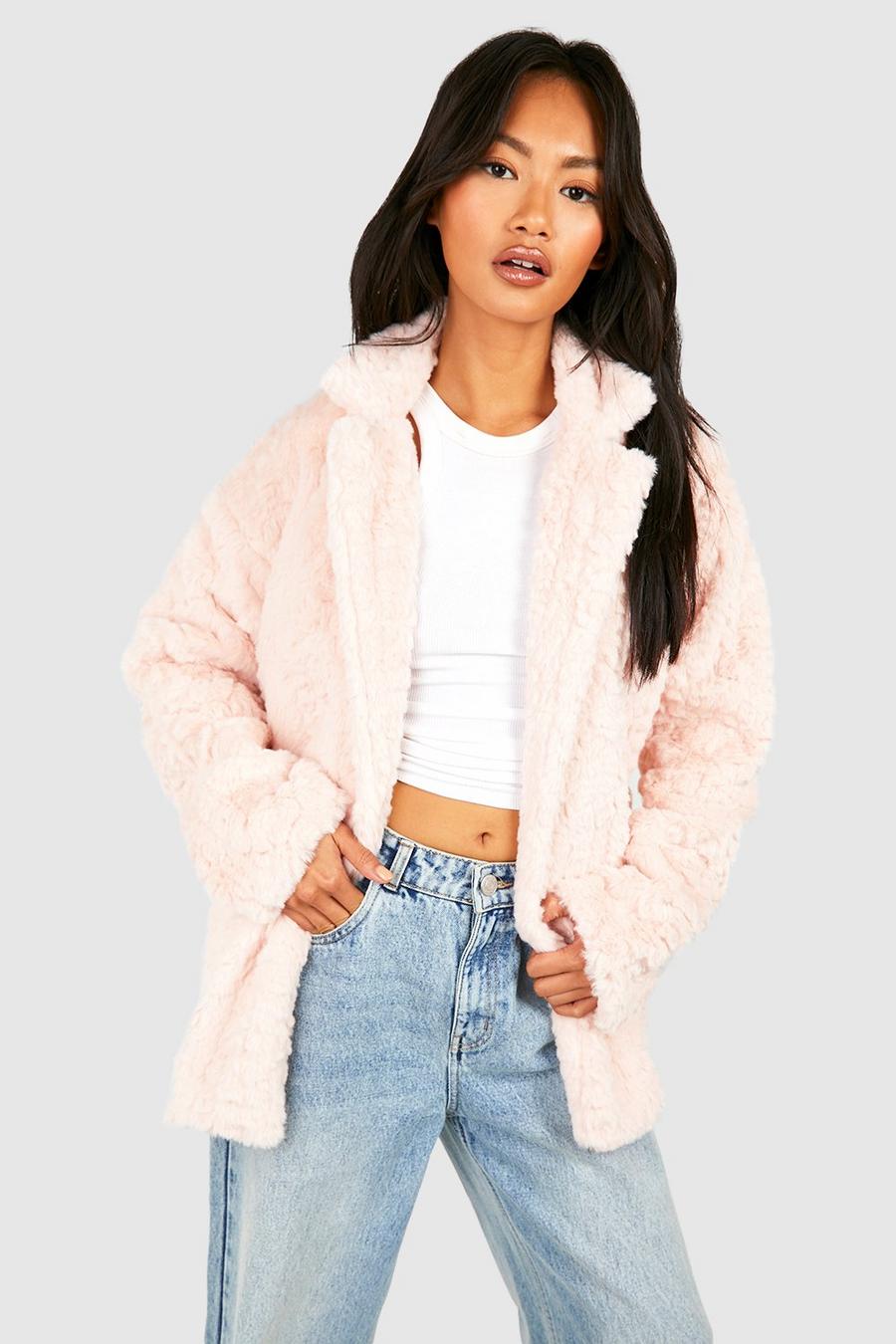 Pink Textured Faux Fur Longline Coat image number 1