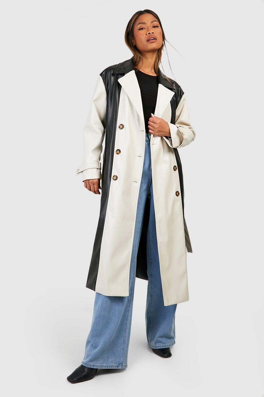 Color Block Faux Leather Trench Coat