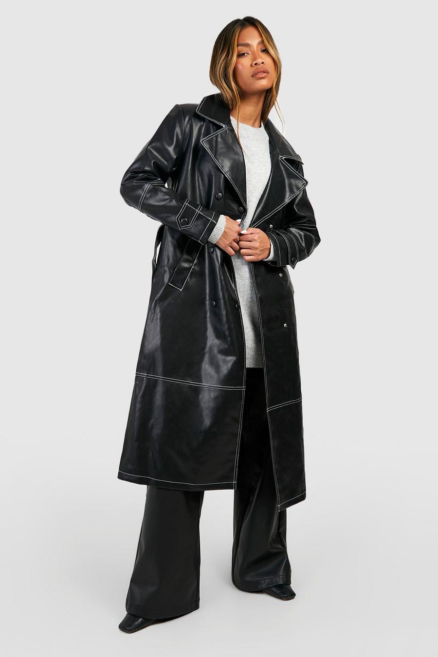 Cappotto Trench in pelle sintetica con cuciture a contrasto, Black image number 1