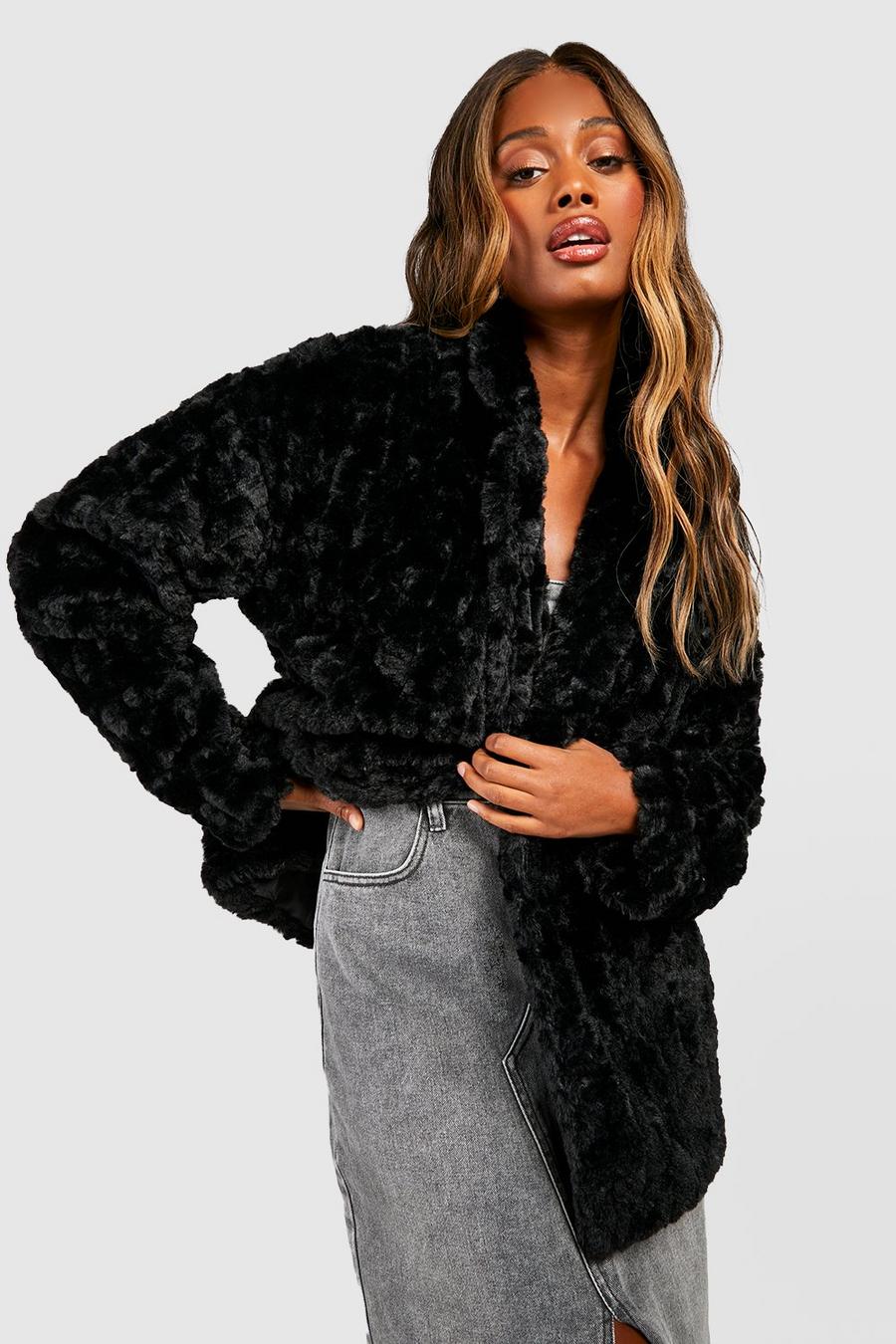 Black Textured Faux Fur Longline Coat image number 1