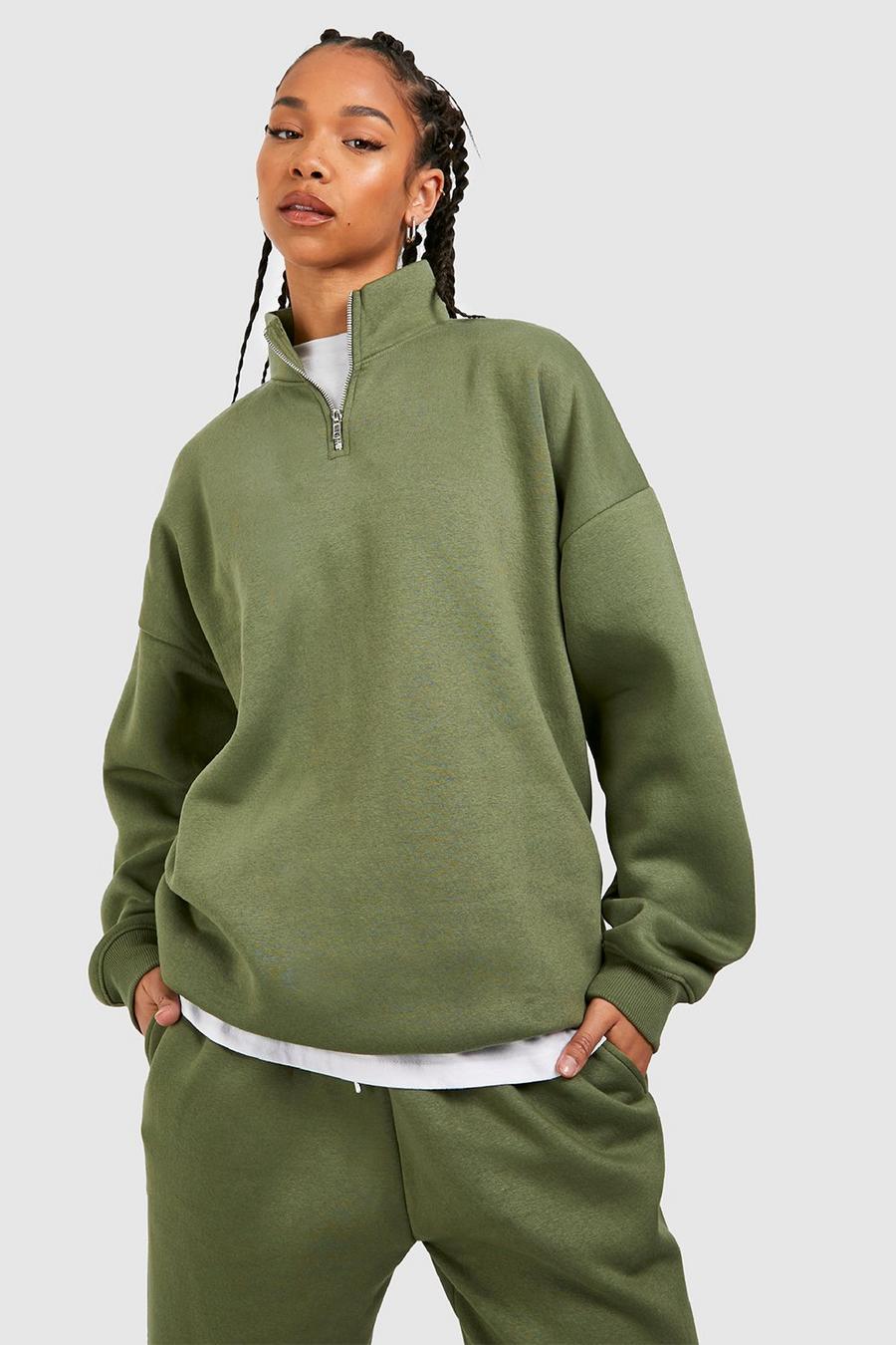 Khaki Tall Sweatshirt med kort dragkedja image number 1