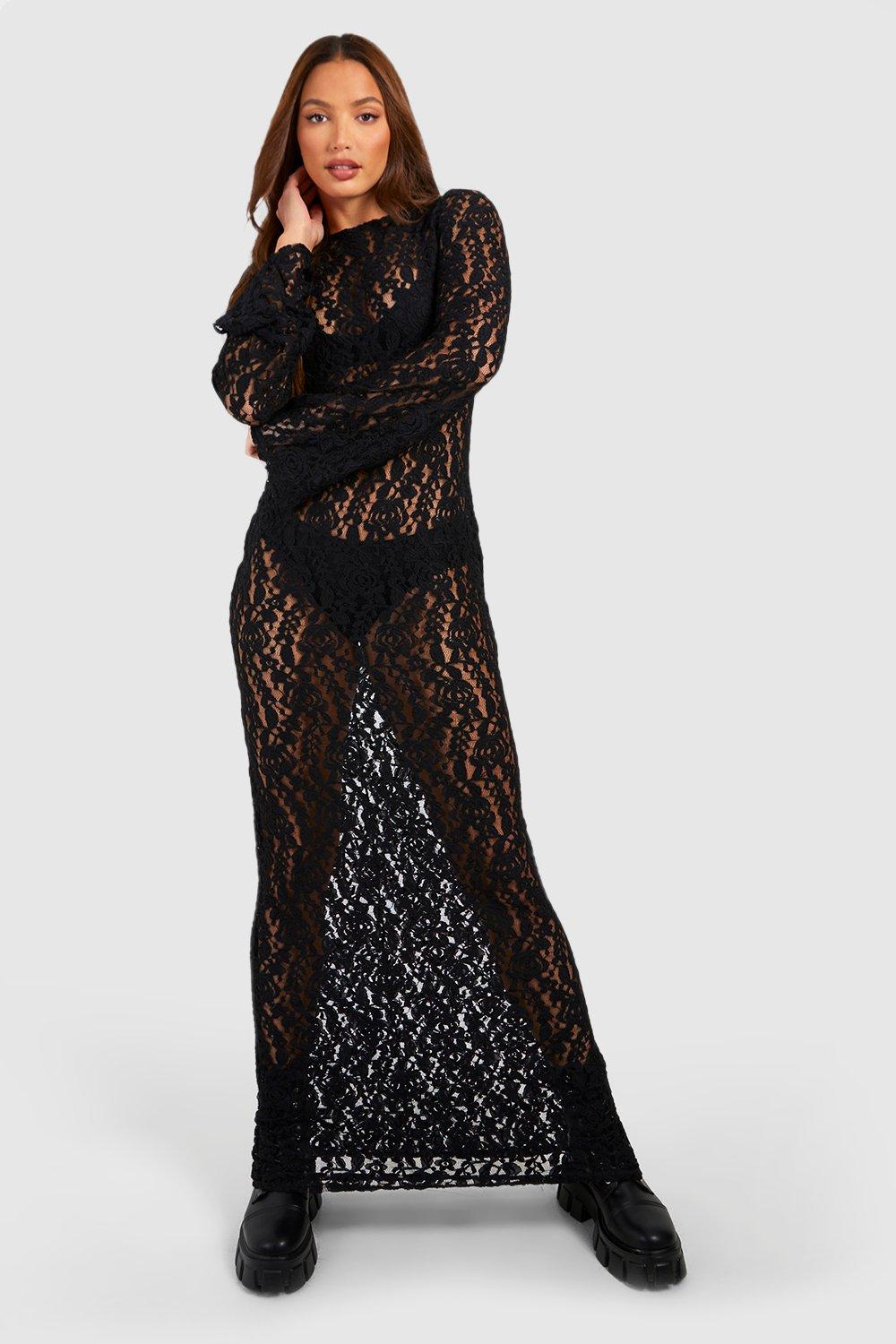 Tall Floral Lace Semi Sheer Flare Sleeve Maxi Dress