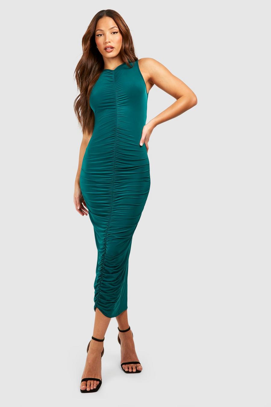 Dark green Tall Premium Soft Touch Ruched Front Midi Dress image number 1