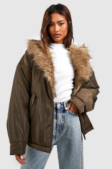 Tall Faux Fur Trim Parka khaki