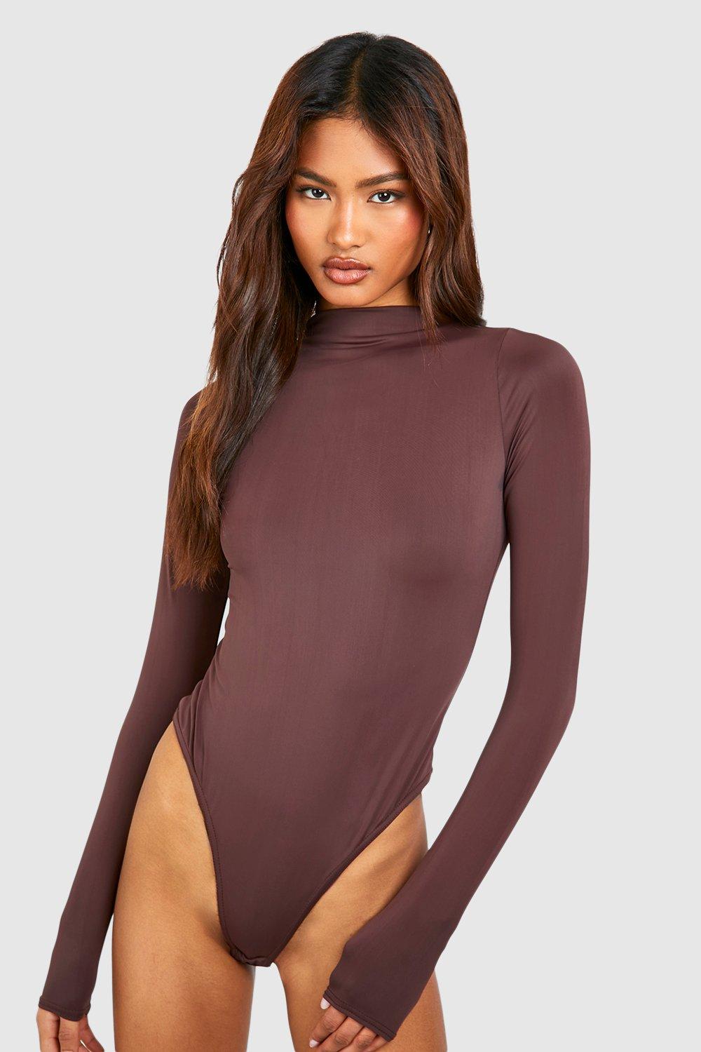 Chocolate Tall Premium Matte Slinky Funnel Neck Longsleeve Bodysuit