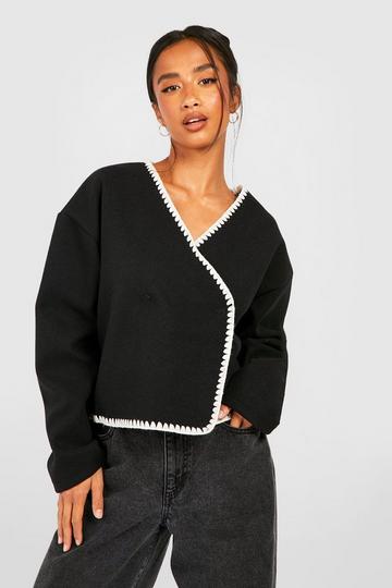 Black Petite Contrast Stitch Wool Look Boxy Jacket