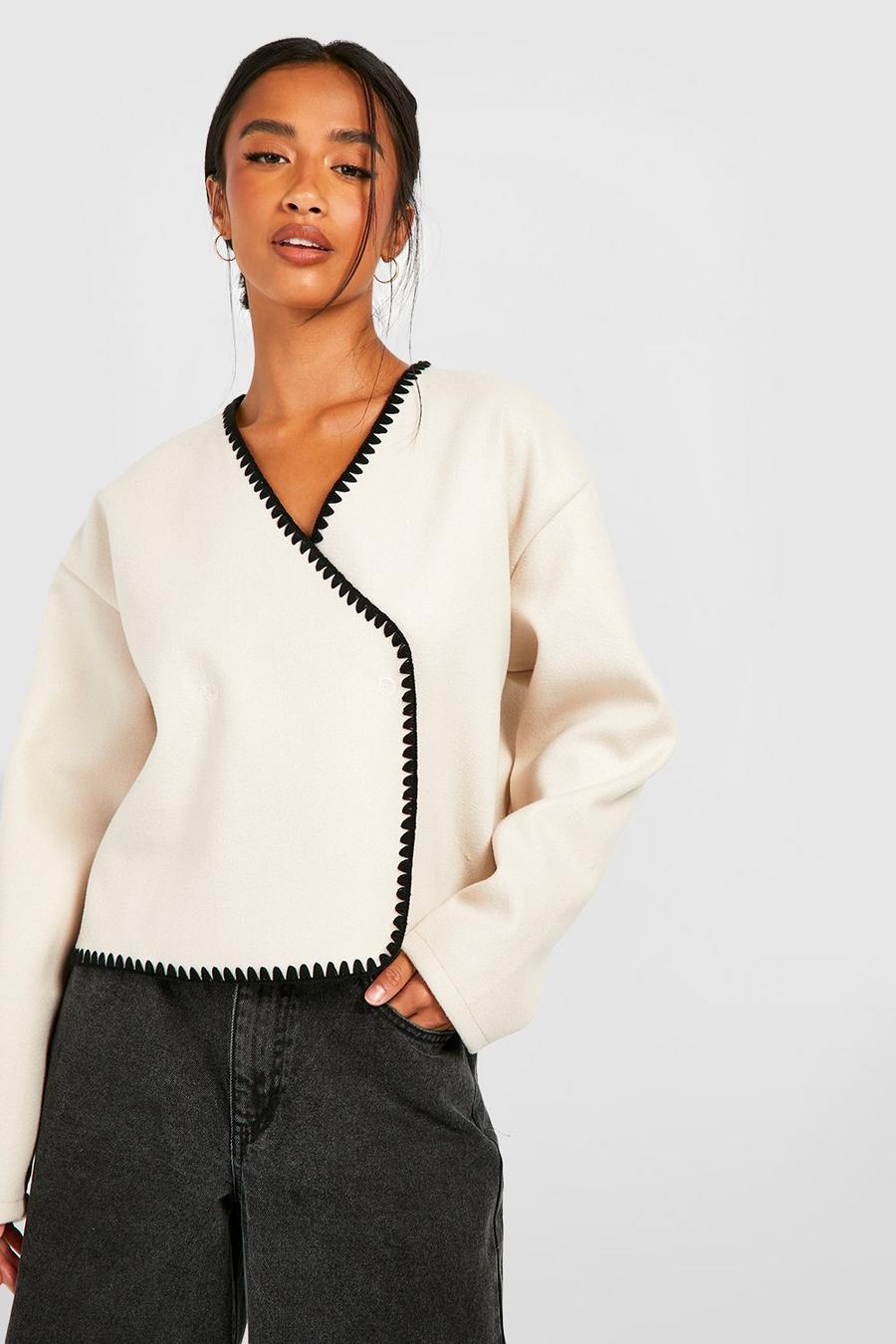 Cream Petite Contrast Stitch Wool Look Boxy Jacket  image number 1