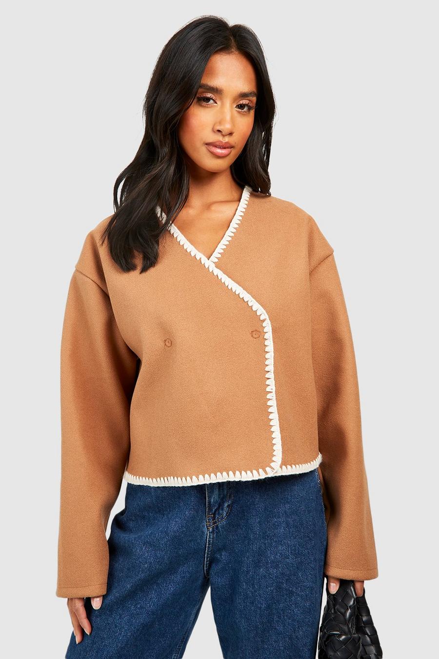 Sand Petite Contrast Stitch Wool Look Boxy Jacket  image number 1