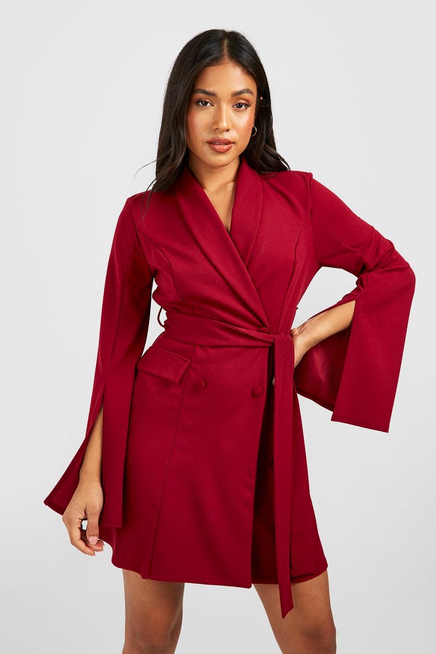 Wine red Petite Flare Sleeve Tailored Belted Blazer Dress