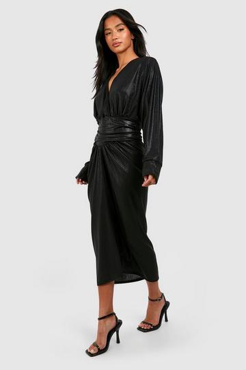 Petite Plunge Wrap Foil Midi Dress black