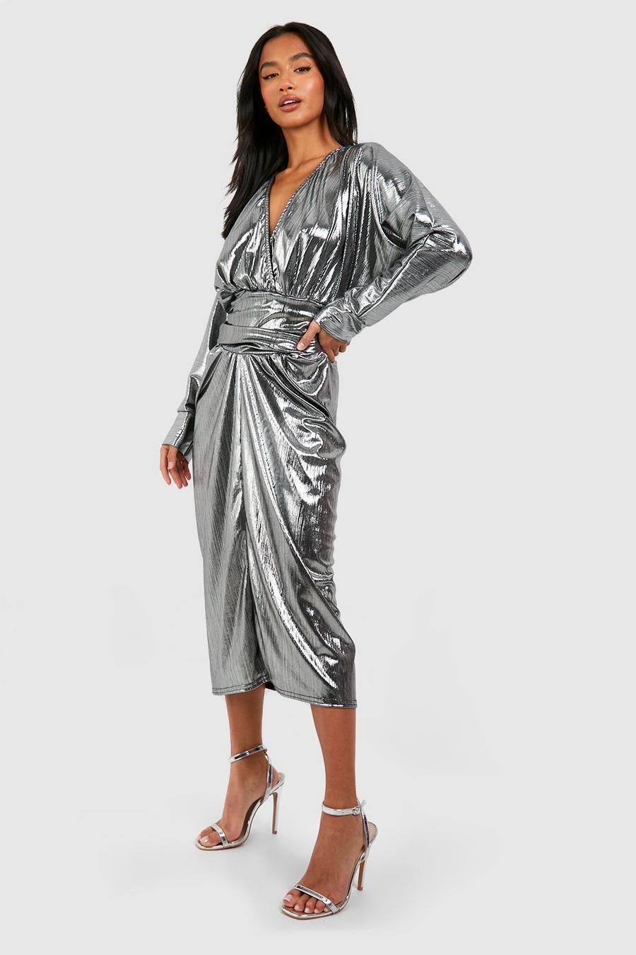 Silver Petite Plunge Wrap Foil Midi Dress  image number 1