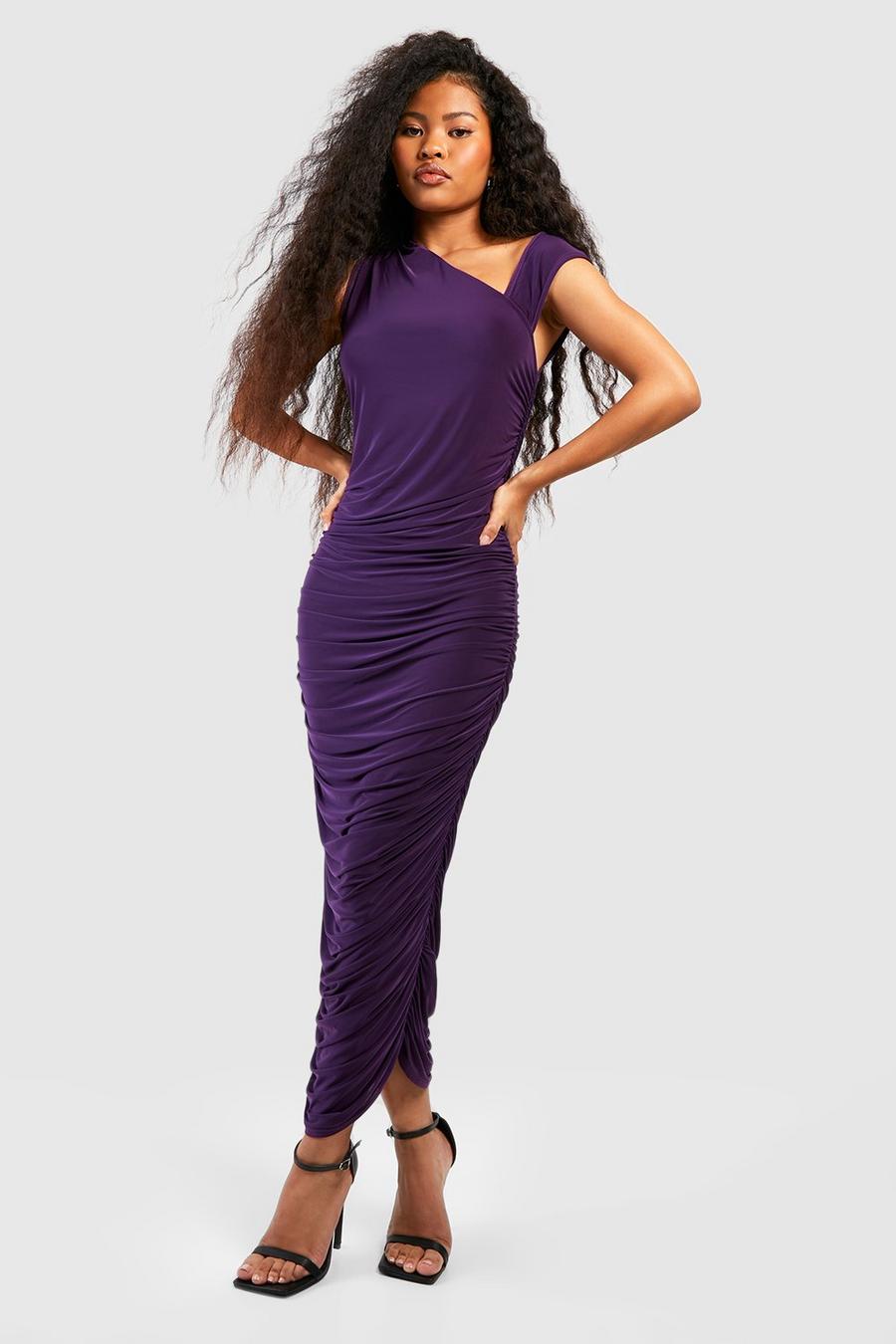 Purple Petite Slinky Ruched Midaxi Dress  image number 1