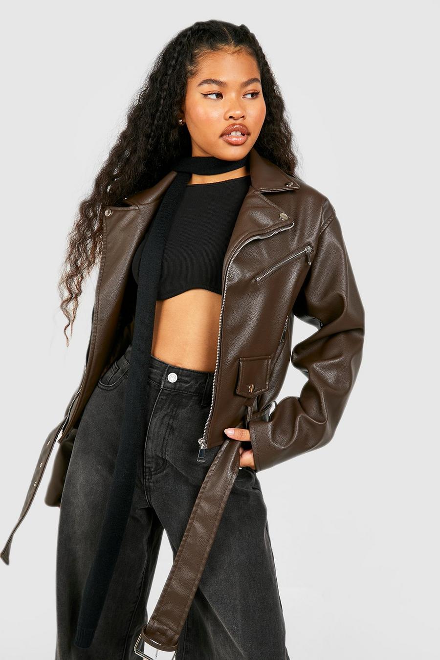 Chocolate brown Petite Faux Leather Oversized Biker Jacket