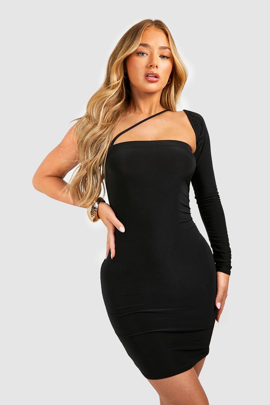 Black Plain One Shoulder Mini Dress image number 1