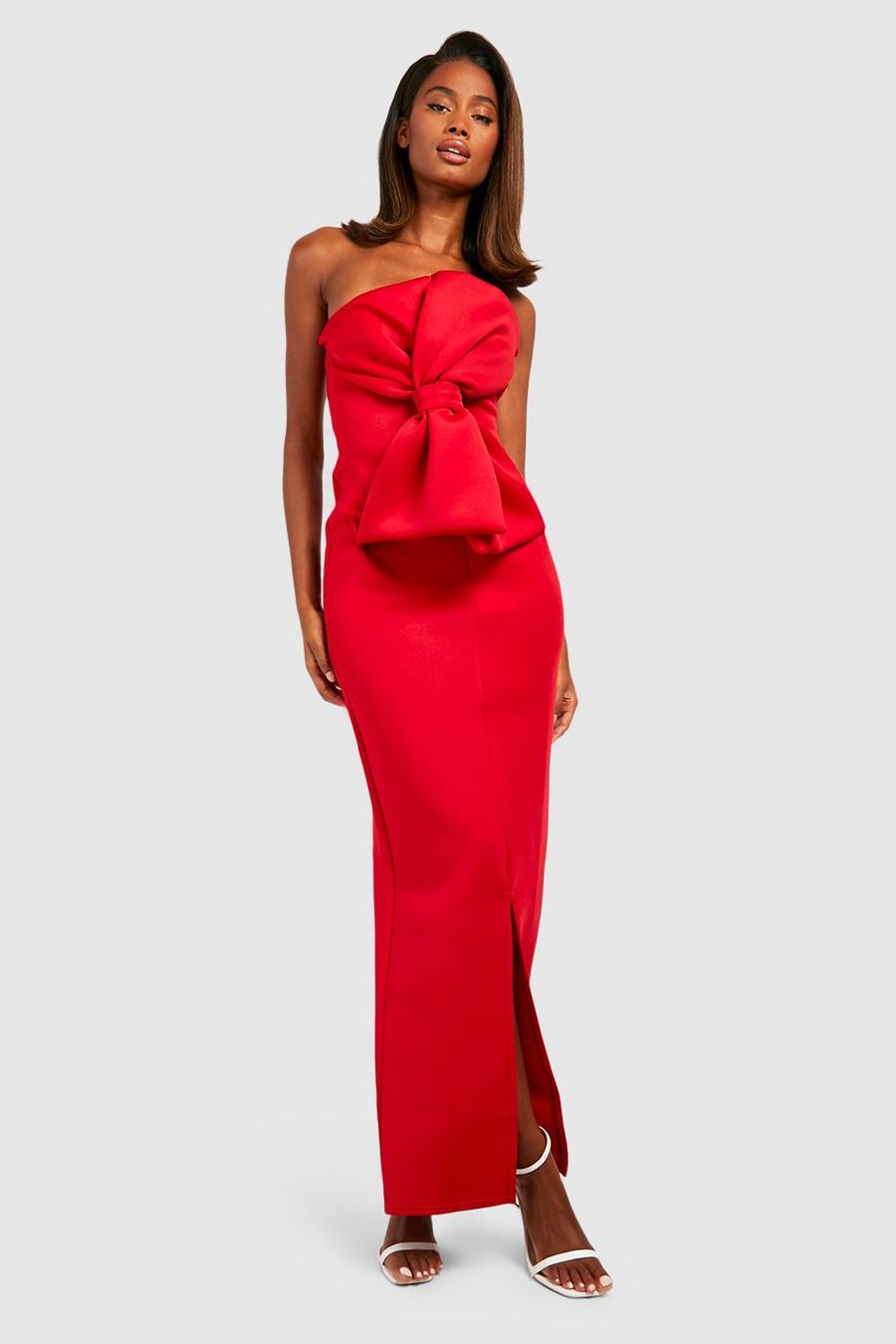 Red Scuba Bow Bandeau Maxi Dress image number 1