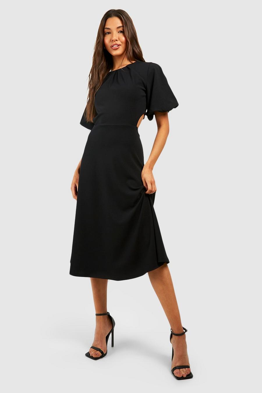 Black Puff Sleeve Cut Out Midi Dress image number 1