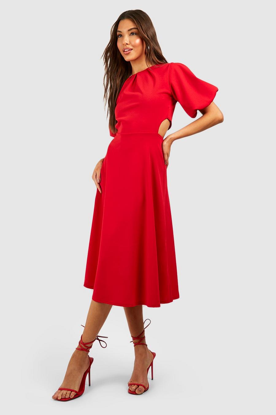 Red Puff Sleeve Cut Out Midi Dress image number 1