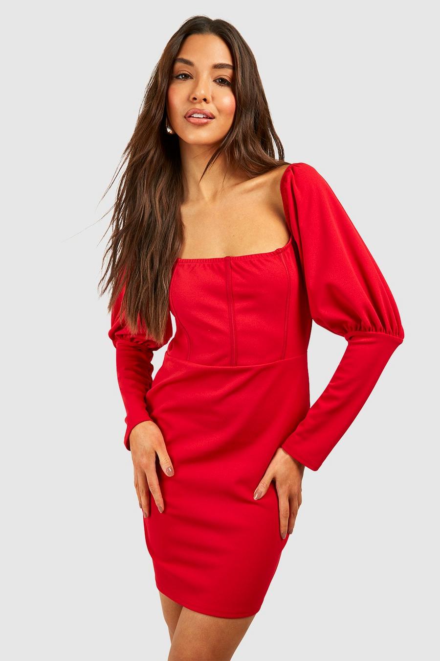 Red Kort klänning med korsett och puffärm image number 1