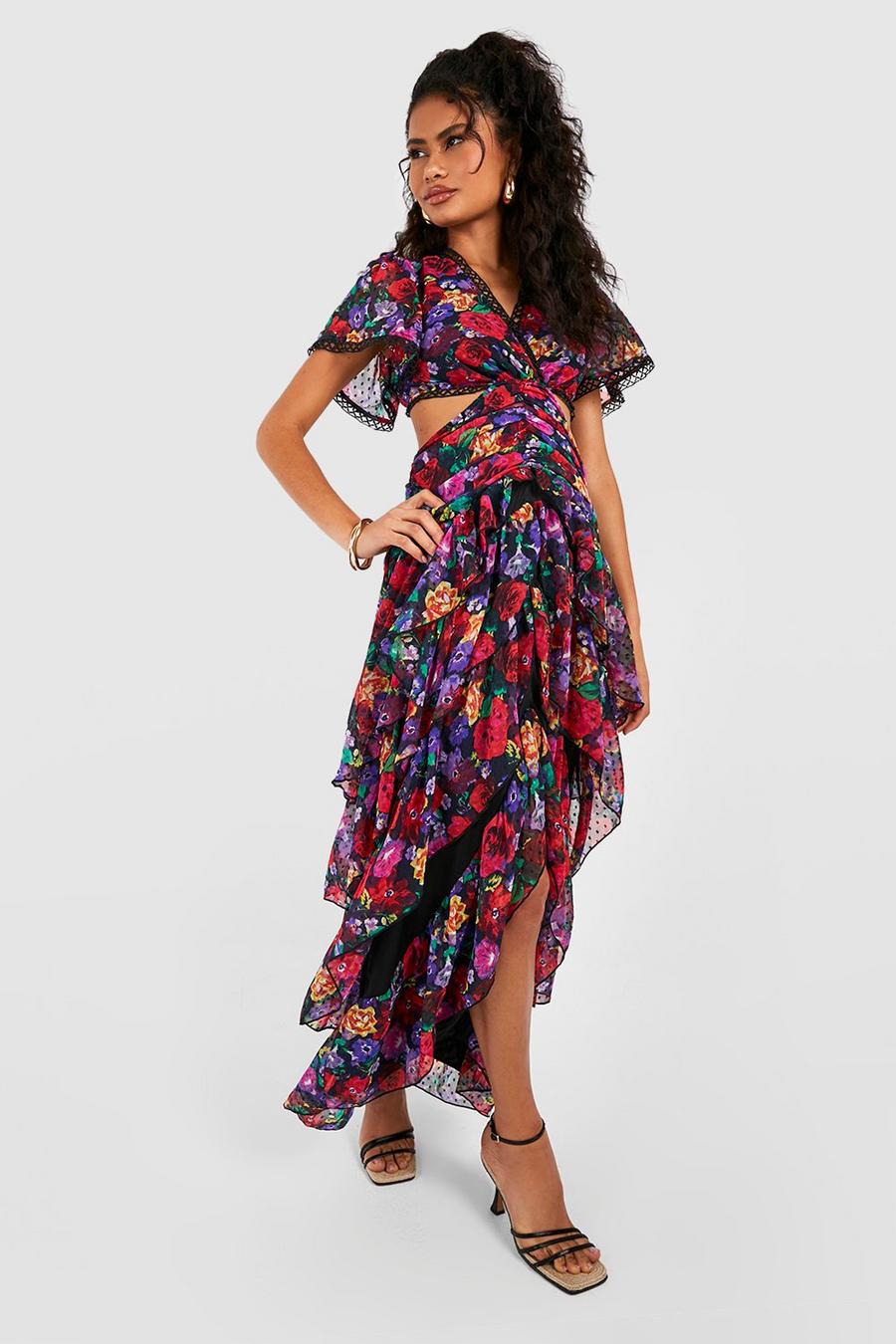 Red Dobby Bloemenprint Cut Out Maxi Jurk Met Ruches image number 1