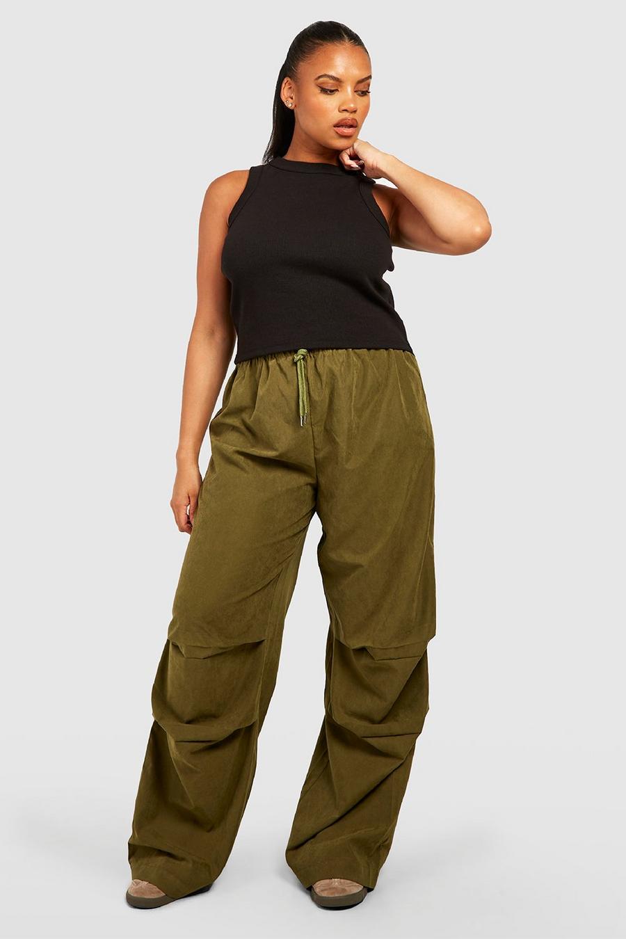 Khaki Plus Baggy Soft Touch Cargo Wide Leg Broek image number 1