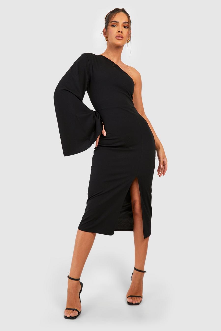Black Extreme One Shoulder Midi Dress