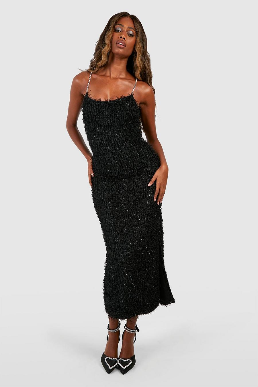 Black Diamante Strap Fluffy Midaxi Dress image number 1