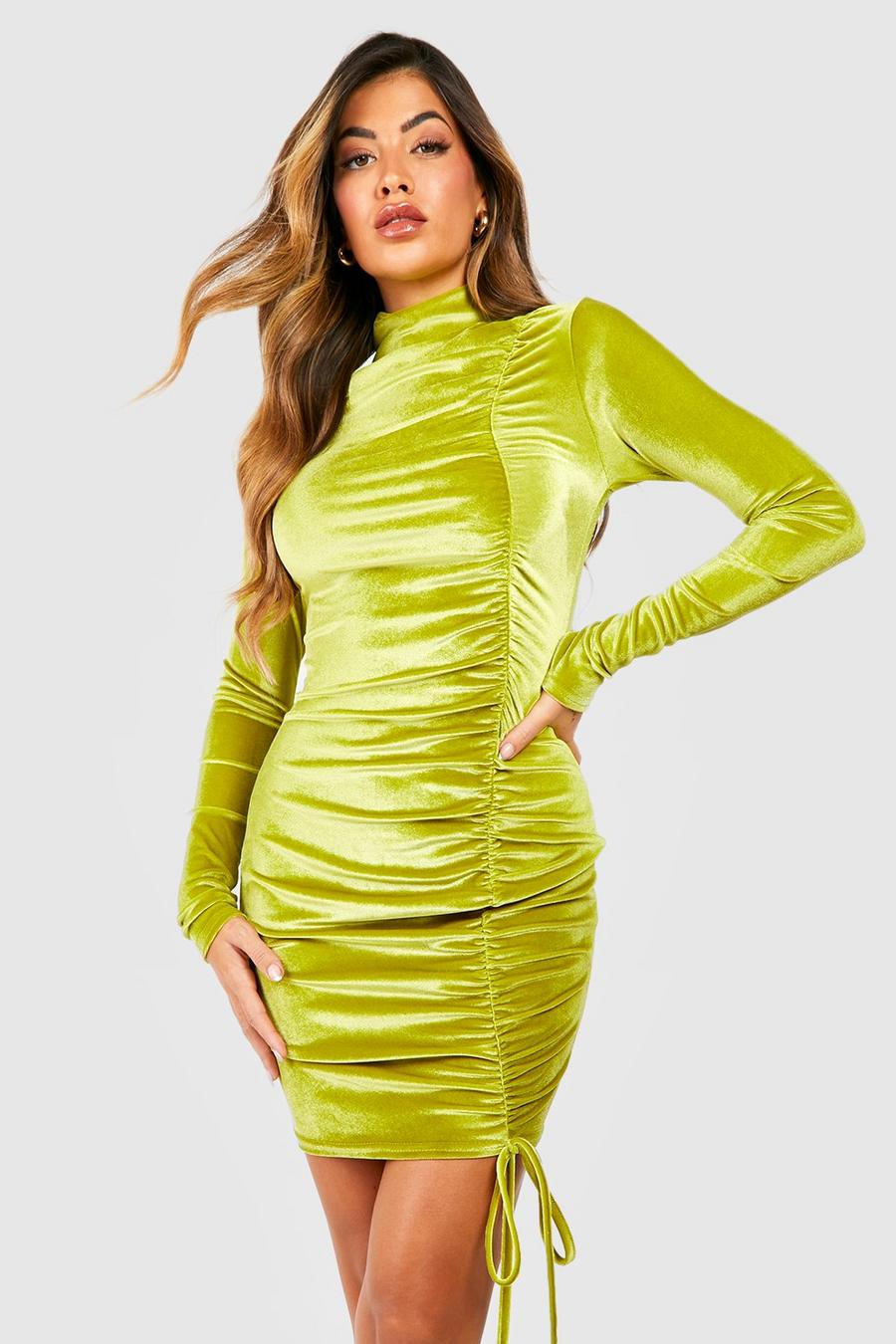 Chartreuse Velvet High Neck Ruched Bodycon Dress image number 1