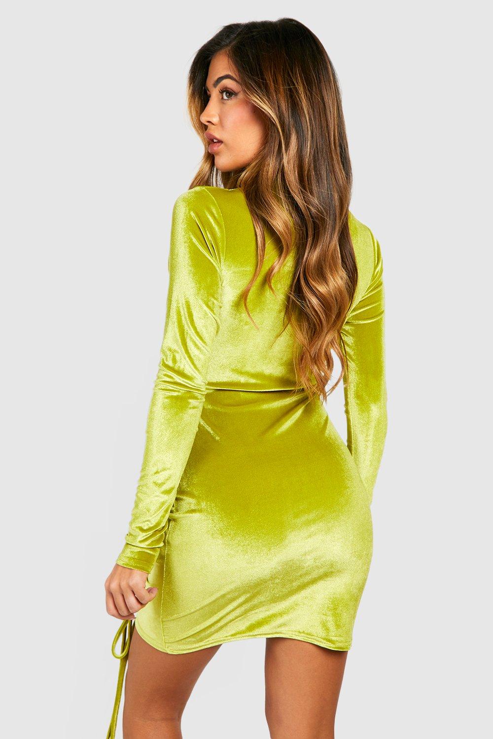 Velvet high neck 2025 scrunched bodycon dress