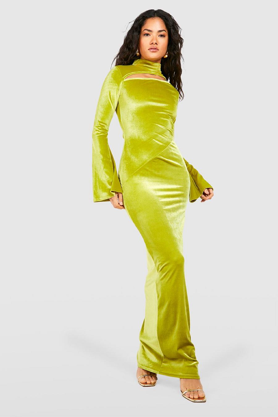 Chartreuse yellow Velvet Cut Out High Neck Maxi Dress