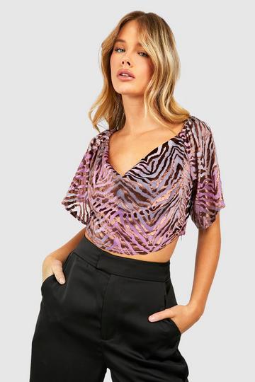 Devore Zebra Cowl Drape Top purple