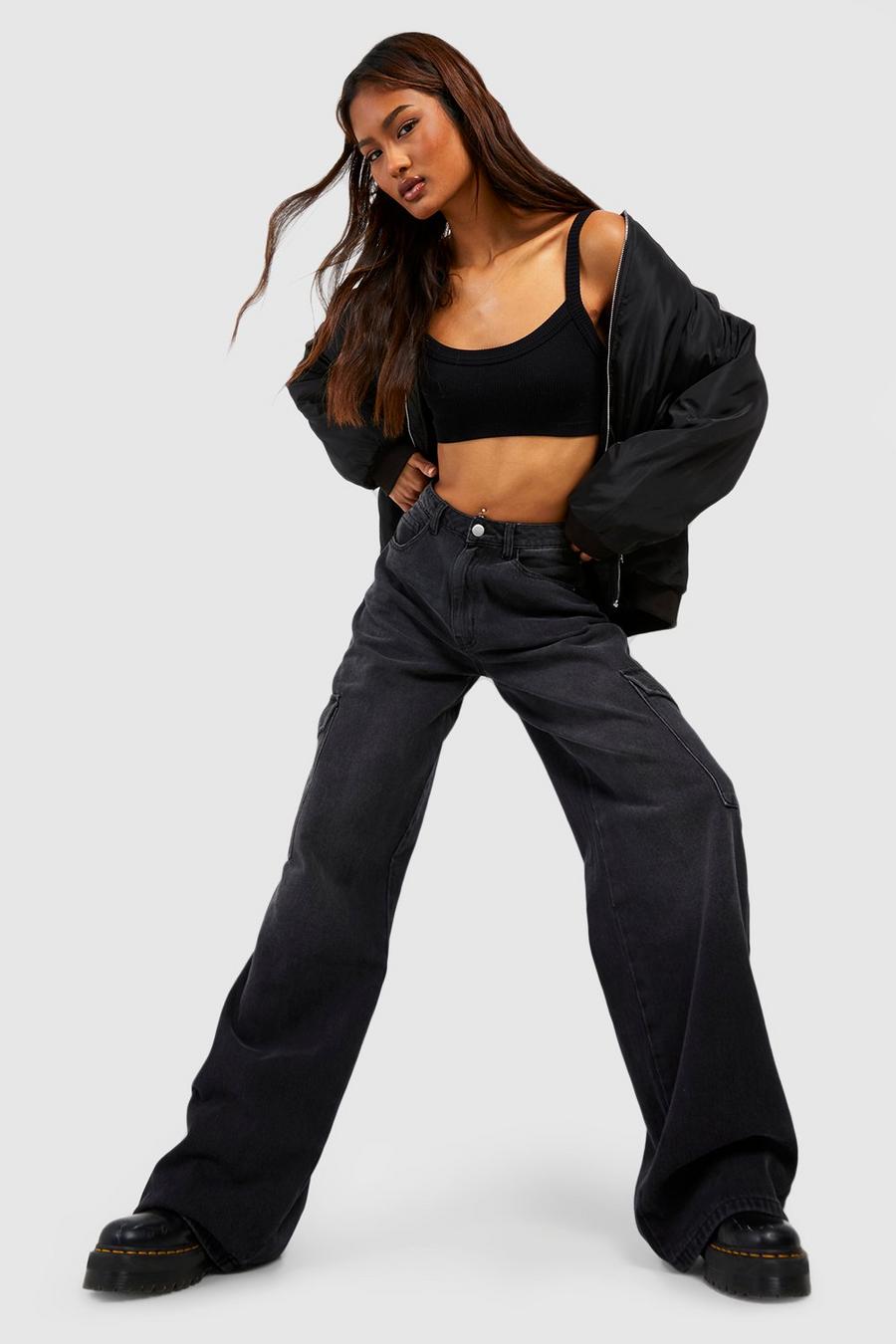 Black Tall Wide Leg Cargo Jeans image number 1