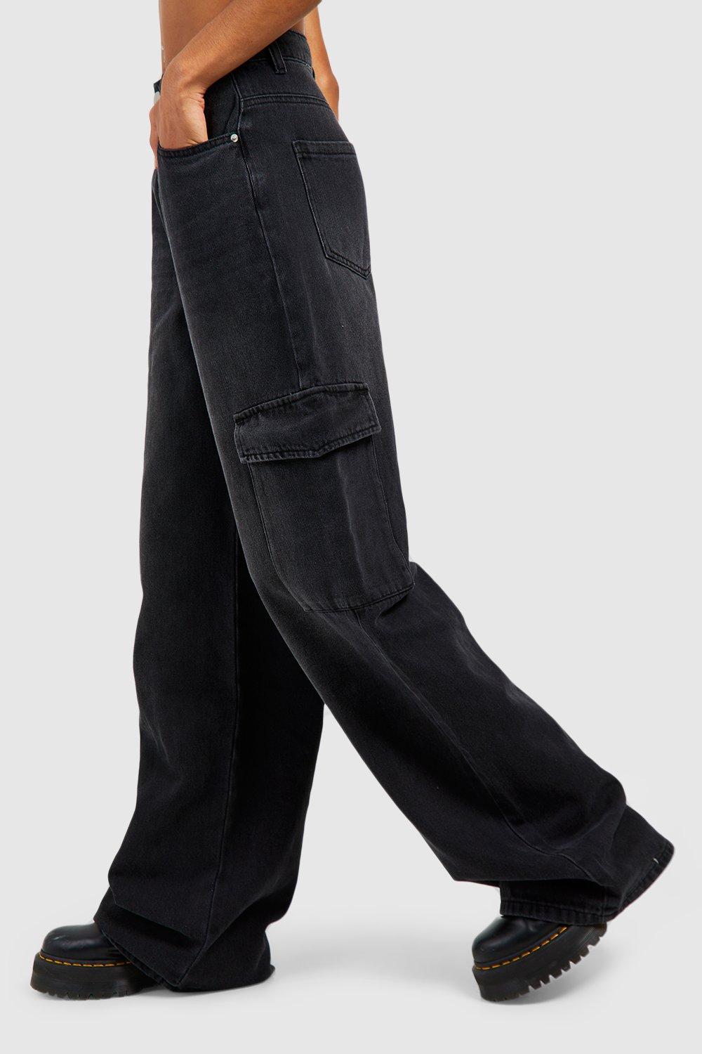 Tall Black Cargo Pocket Detail Wide Leg Jeans