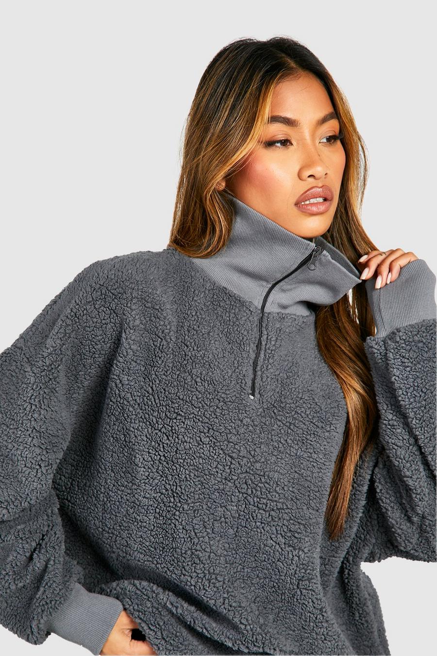 Borg Half Zip Oversized Sweatshirt | boohoo Borg Half Zip Oversized Sweatshirt | boohoo