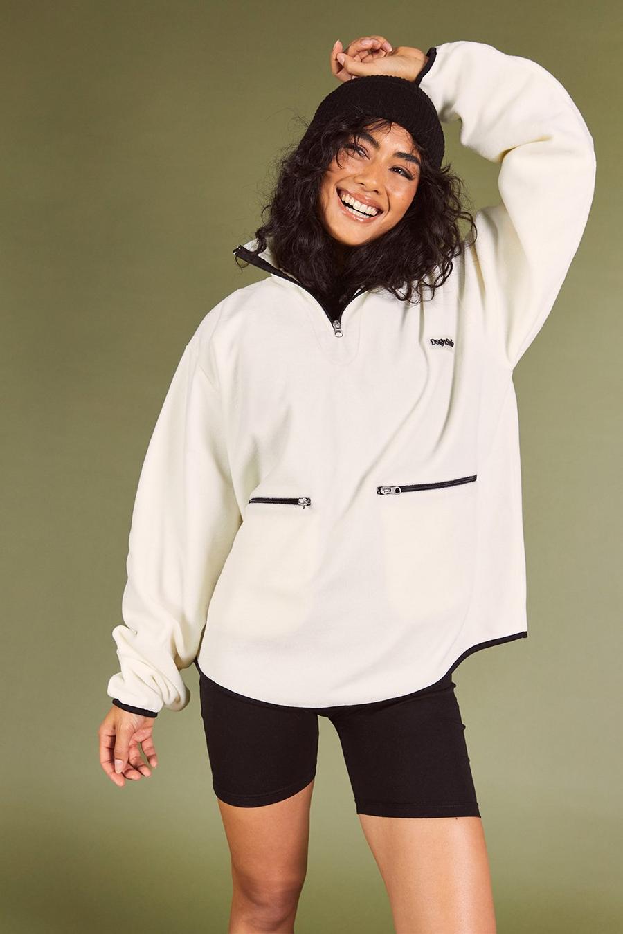 Cream Polar Fleece Contrast Half Zip Oversized Sweatshirt
