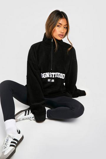 Dsgn Studio Slogan Embroidered Half Zip Oversized Polar Fleece Sweatshirt black