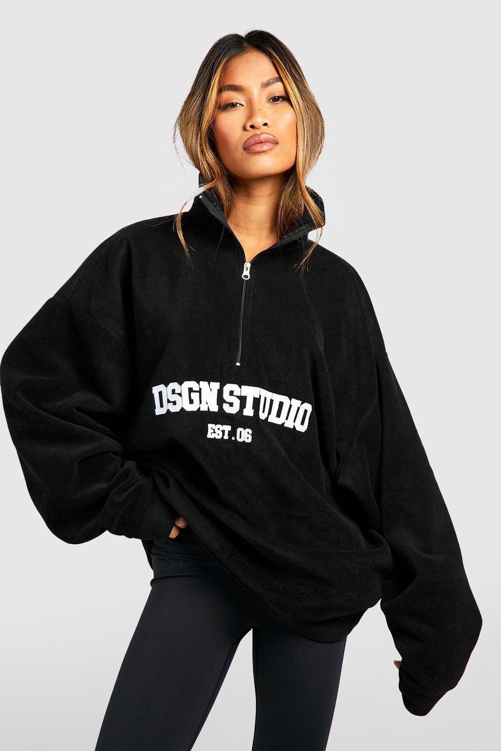 Dsgn Studio Slogan Embroidered Half Zip Oversized Polar Fleece Sweatshirt