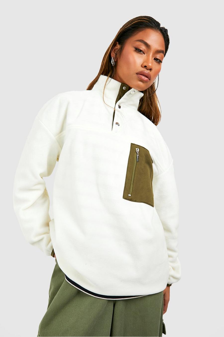 Cream white Polar Fleece Pocket Detail Half Zip Oversized Sweatshirt