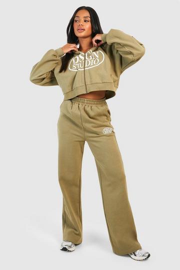 Dsgn Studio Slogan Straight Leg Jogger Hooded Tracksuit khaki