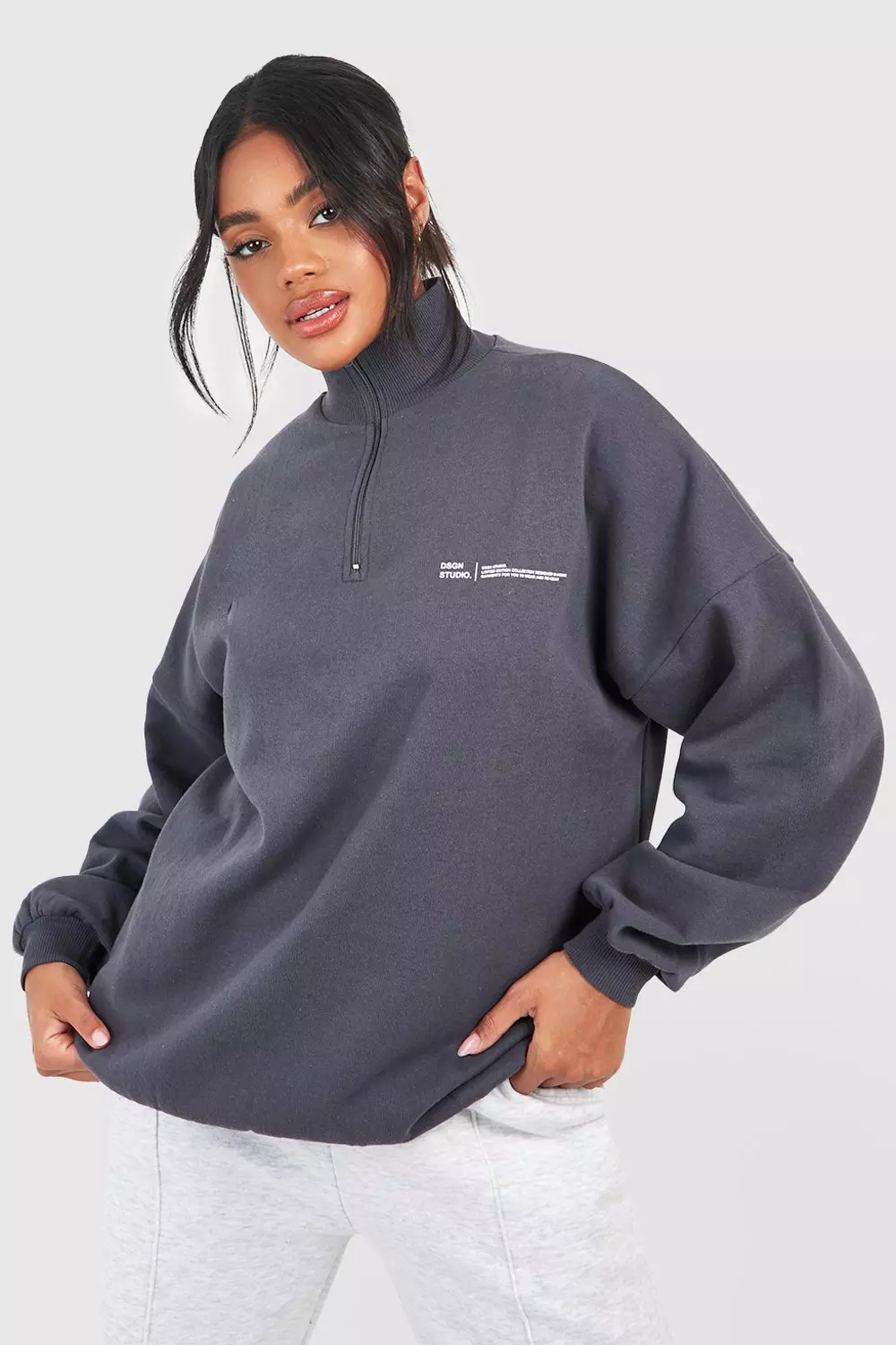 Charcoal Text Print Slogan Oversized Half Zip Sweatshirt alternative image