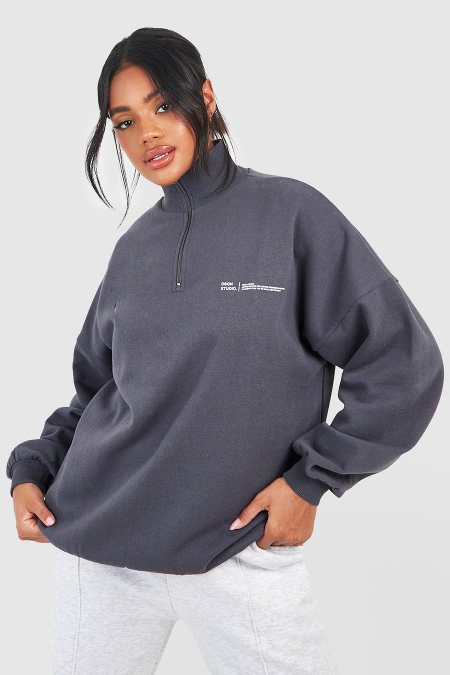 Oversize Sweatshirt mit Text-Slogan und halbem Reißverschluss, Charcoal image number 1